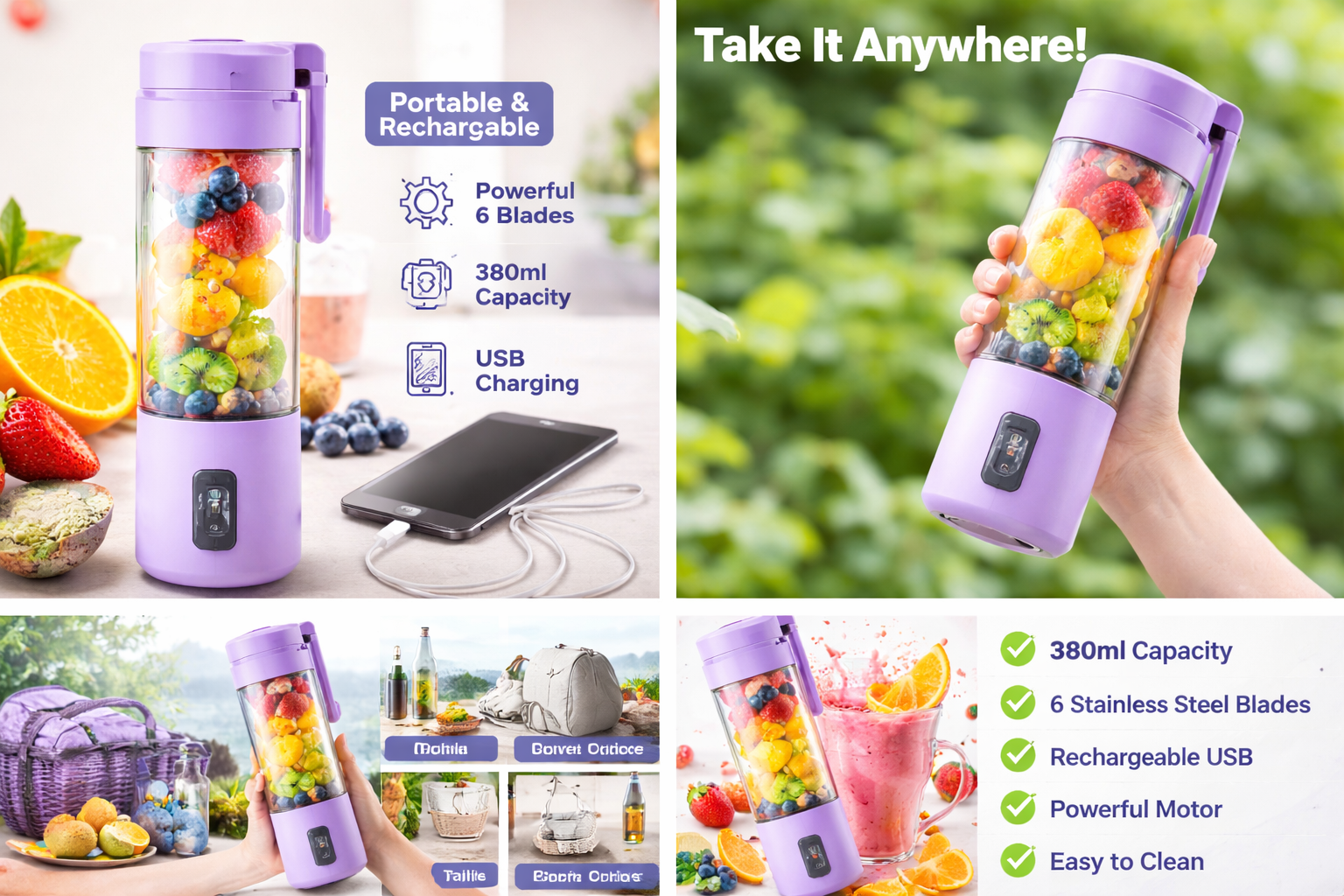 Portable USB Rechargeable Blender – Smoothie & Juice Maker Bottle