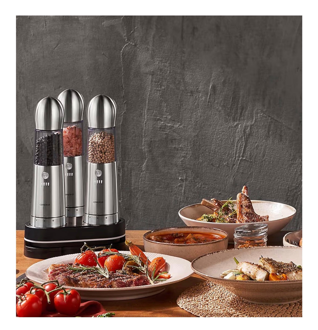 COSPRO Electric Salt and Pepper Grinder Gift-Ready Set – 2-in-1 Dual Chamber Rechargeable Mill & 3-in-1 Automatic Grinder Set | Adjustable Coarseness, LED, One-Handed Operations