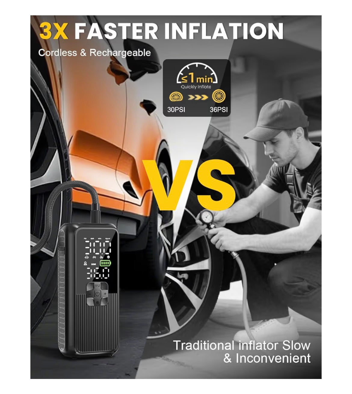 Tire Inflator Portable Air Compressor, T05 Air Pump for Car, Motorcycle, Bike, Balls with Tires Pressure Gauge, 150PSI Air Compressor Portable, Tires Pump with LED Light & Auto Shut-Off