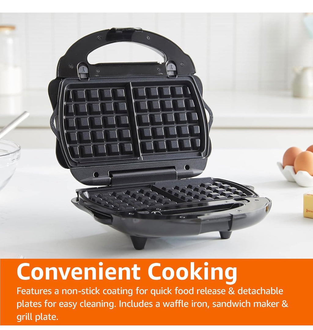 3-in-1 Waffle Maker & Sandwich Maker – Non-Stick Plates – Electric Breakfast Maker with Removable Grill Plates