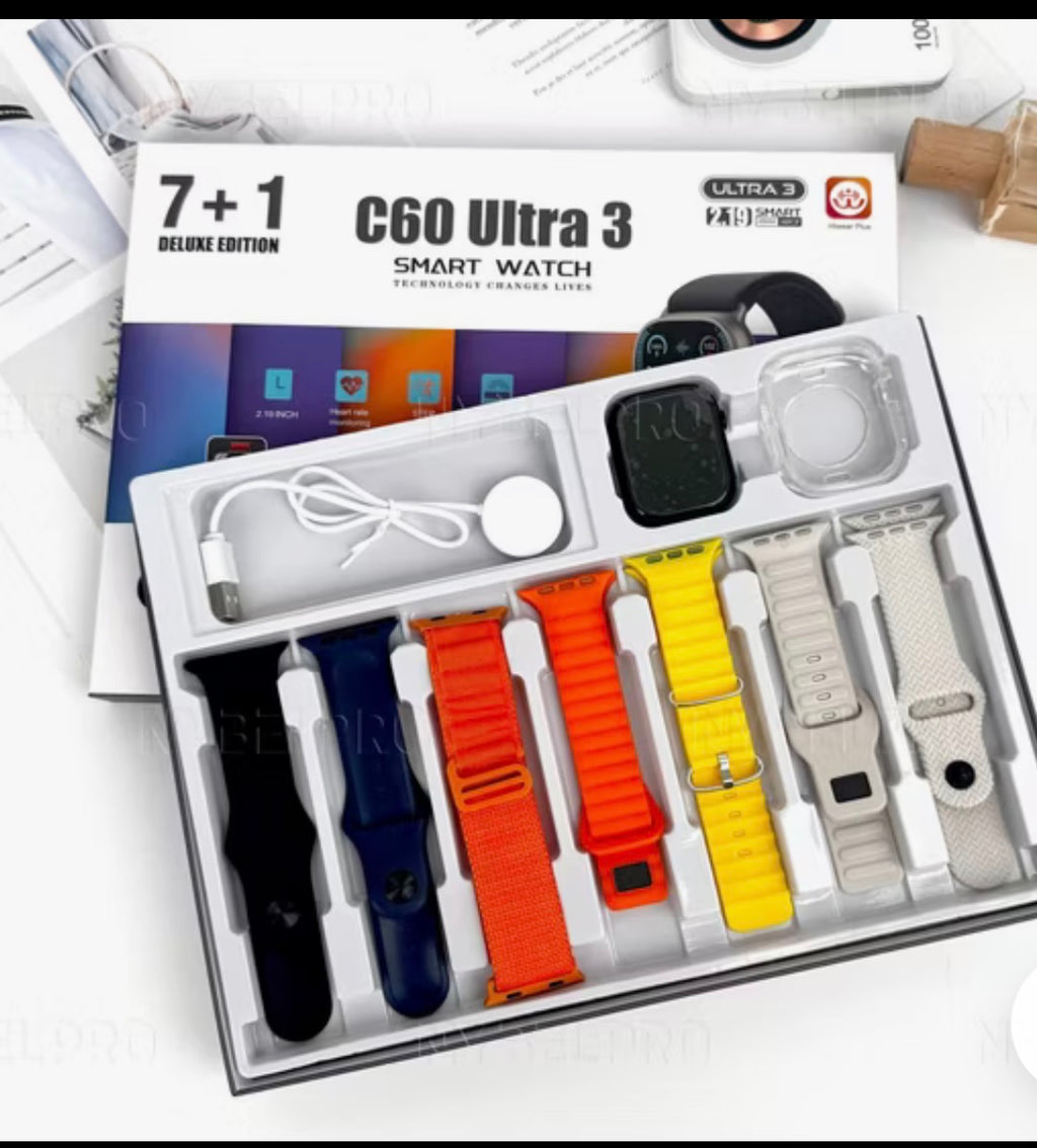 C60 Ultra 3 Smart Watch Gift Set with 7 Straps – Fitness Tracker, Heart Rate Monitor, Bluetooth Smartwatch for iPhone & Android