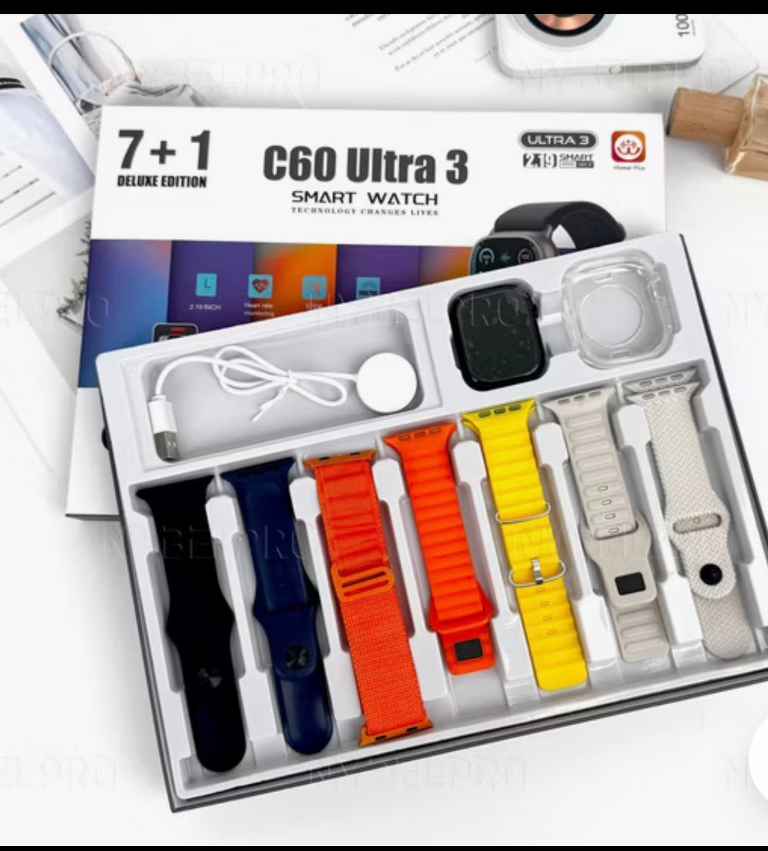 C60 Ultra 3 Smart Watch Gift Set with 7 Straps – Fitness Tracker, Heart Rate Monitor, Bluetooth Smartwatch for iPhone & Android