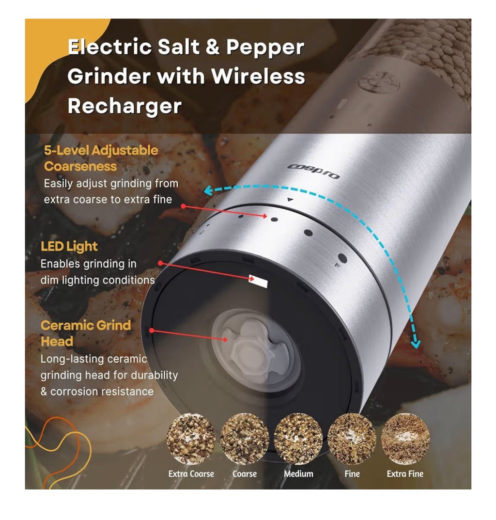 COSPRO Electric Salt and Pepper Grinder Gift-Ready Set – 2-in-1 Dual Chamber Rechargeable Mill & 3-in-1 Automatic Grinder Set | Adjustable Coarseness, LED, One-Handed Operations