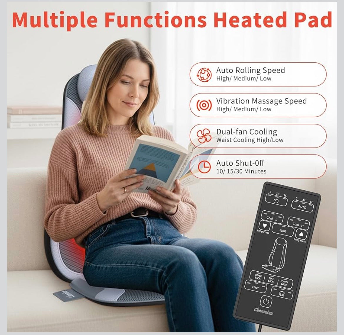 Shiatu Back Massager with Heat, Kneading Rolling Vibration Chair Massager for Deep Tissue Pain Relief, Massage Chair Pad for Home & Office, Ideal Gift for Dad & Mommy