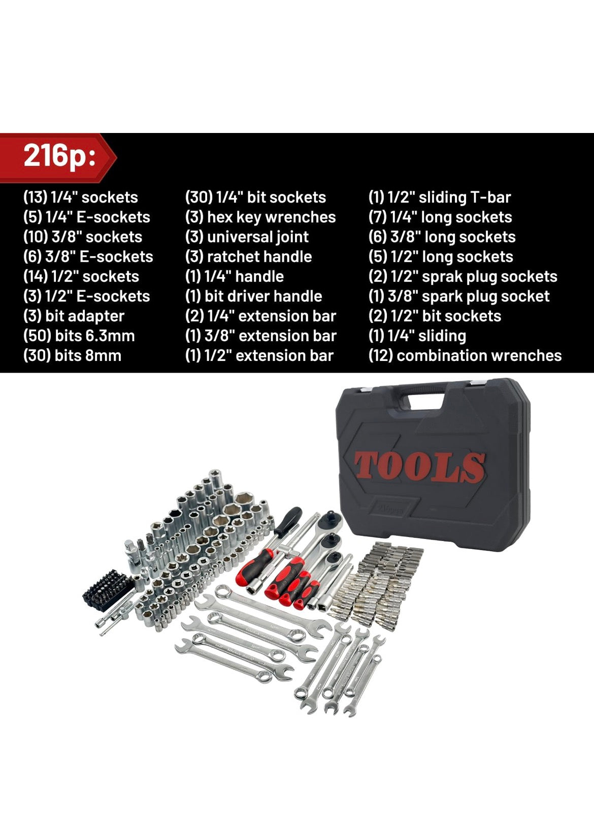 Professional 216pcs Socket Ratchet Wrench Set, 1/4 & 3/8 Inch Drive, Standard Full Mechanic Tool Set for Auto & Motorcycle Repair with Ratchet Handle, Extension Bar, Universal Joint & Reducer