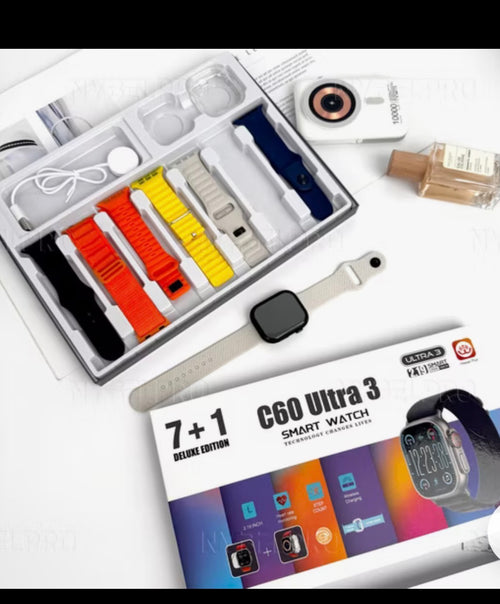 C60 Ultra 3 Smart Watch Gift Set with 7 Straps – Fitness Tracker, Heart Rate Monitor, Bluetooth Smartwatch for iPhone & Android