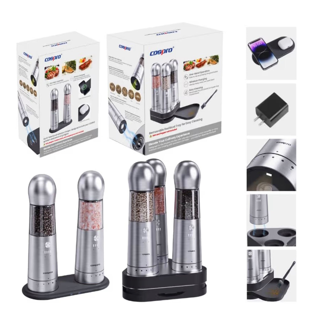 COSPRO Electric Salt and Pepper Grinder Gift-Ready Set – 2-in-1 Dual Chamber Rechargeable Mill & 3-in-1 Automatic Grinder Set | Adjustable Coarseness, LED, One-Handed Operations