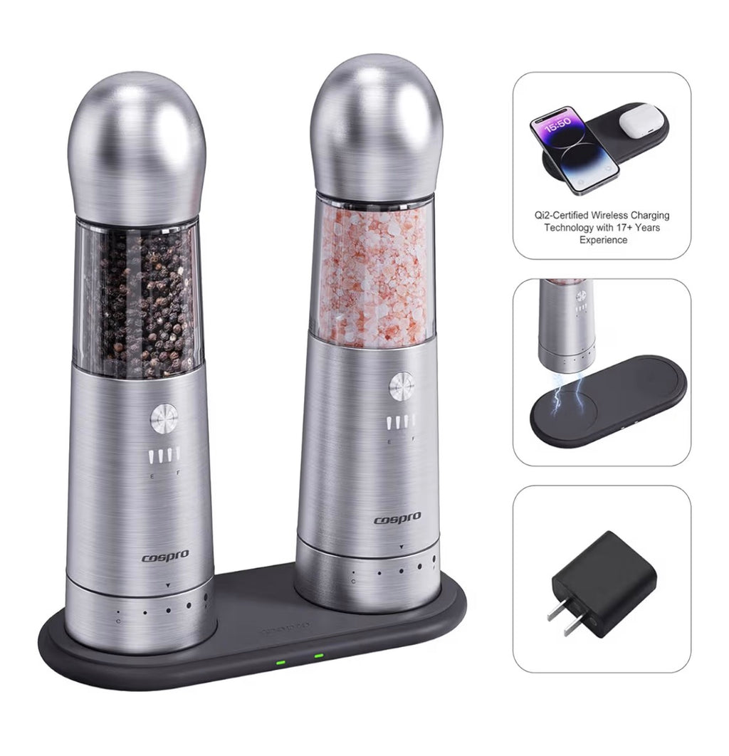 COSPRO Electric Salt and Pepper Grinder Gift-Ready Set – 2-in-1 Dual Chamber Rechargeable Mill & 3-in-1 Automatic Grinder Set | Adjustable Coarseness, LED, One-Handed Operations