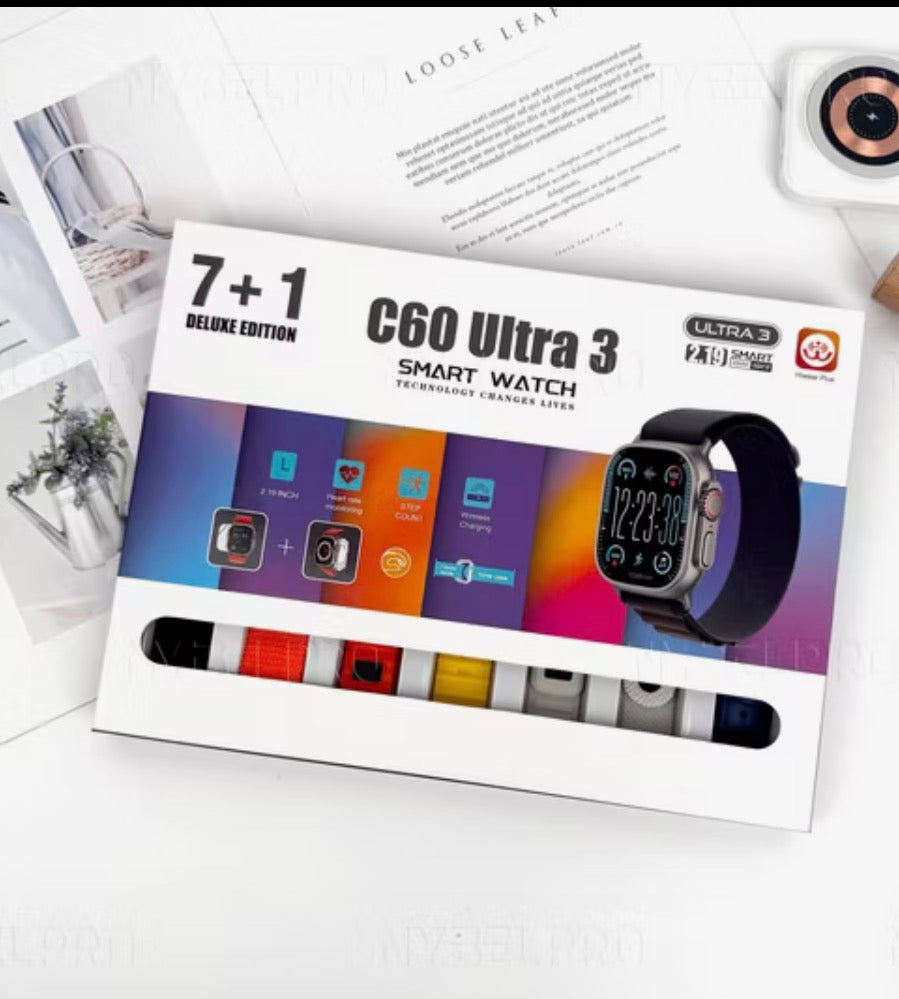 C60 Ultra 3 Smart Watch Gift Set with 7 Straps – Fitness Tracker, Heart Rate Monitor, Bluetooth Smartwatch for iPhone & Android