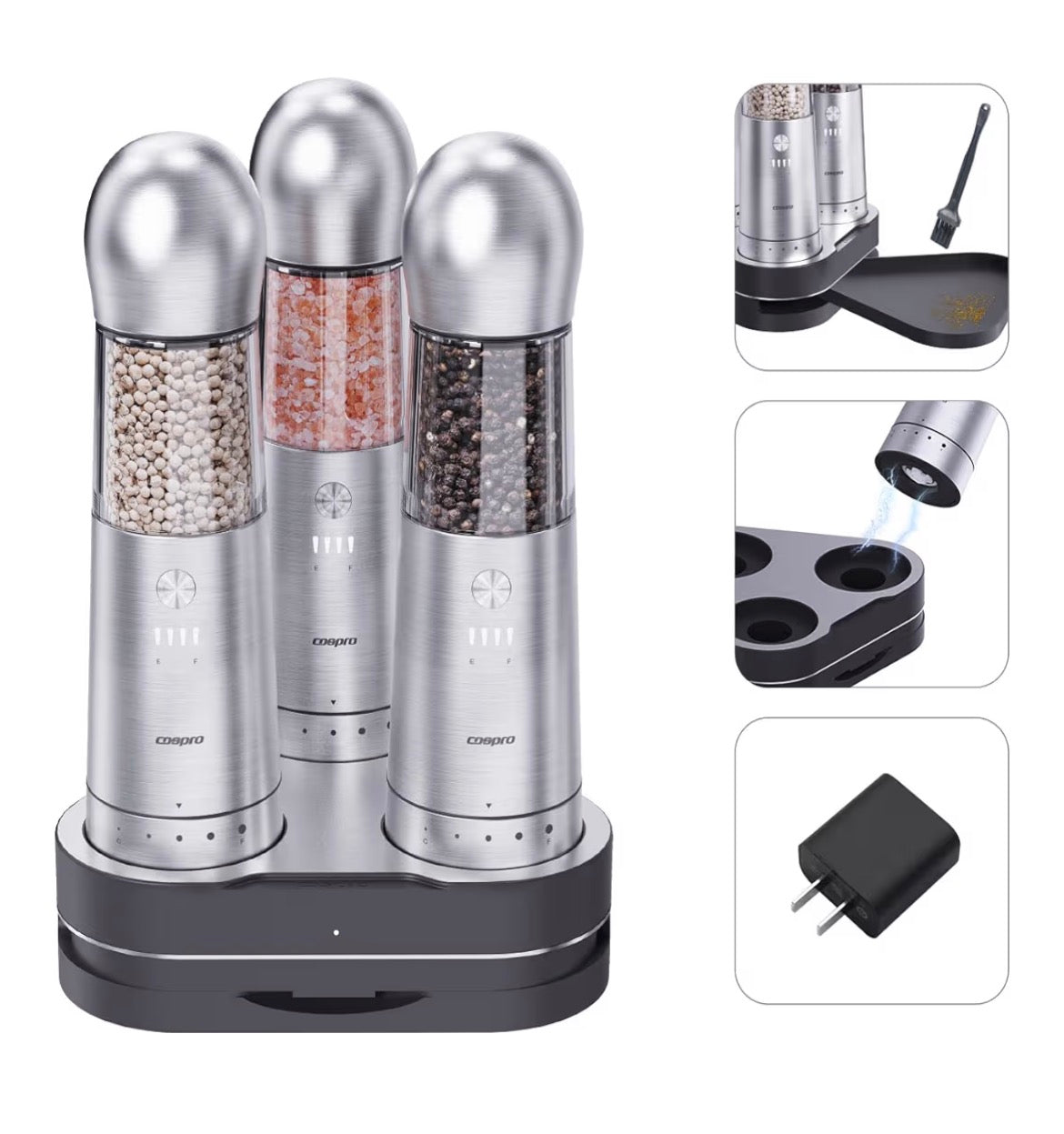 COSPRO Electric Salt and Pepper Grinder Gift-Ready Set – 2-in-1 Dual Chamber Rechargeable Mill & 3-in-1 Automatic Grinder Set | Adjustable Coarseness, LED, One-Handed Operations