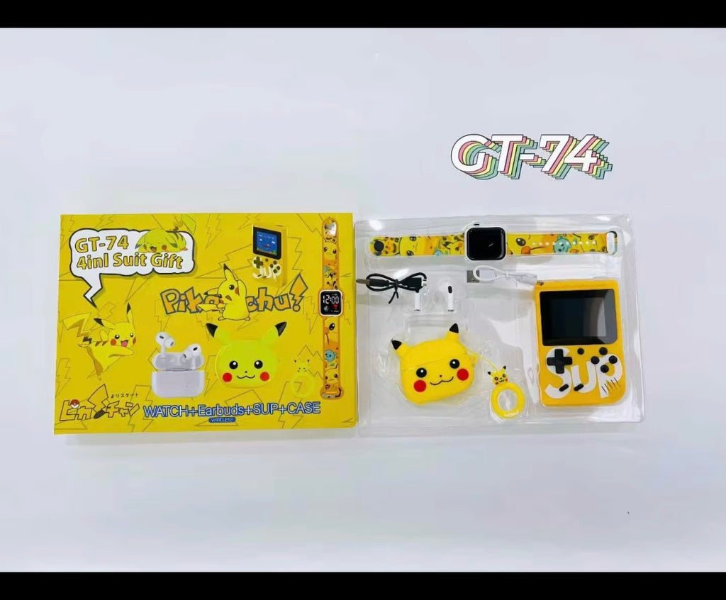 Pokémon Pikachu Themed 4 - in - 1 Gift Set: Game Console + Smart Watch + Wireless Earbuds + Earbud Case