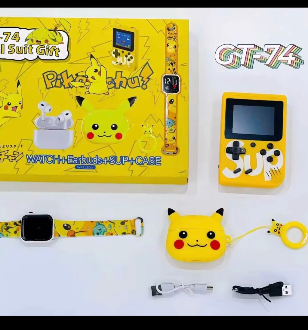 Pokémon Pikachu Themed 4 - in - 1 Gift Set: Game Console + Smart Watch + Wireless Earbuds + Earbud Case