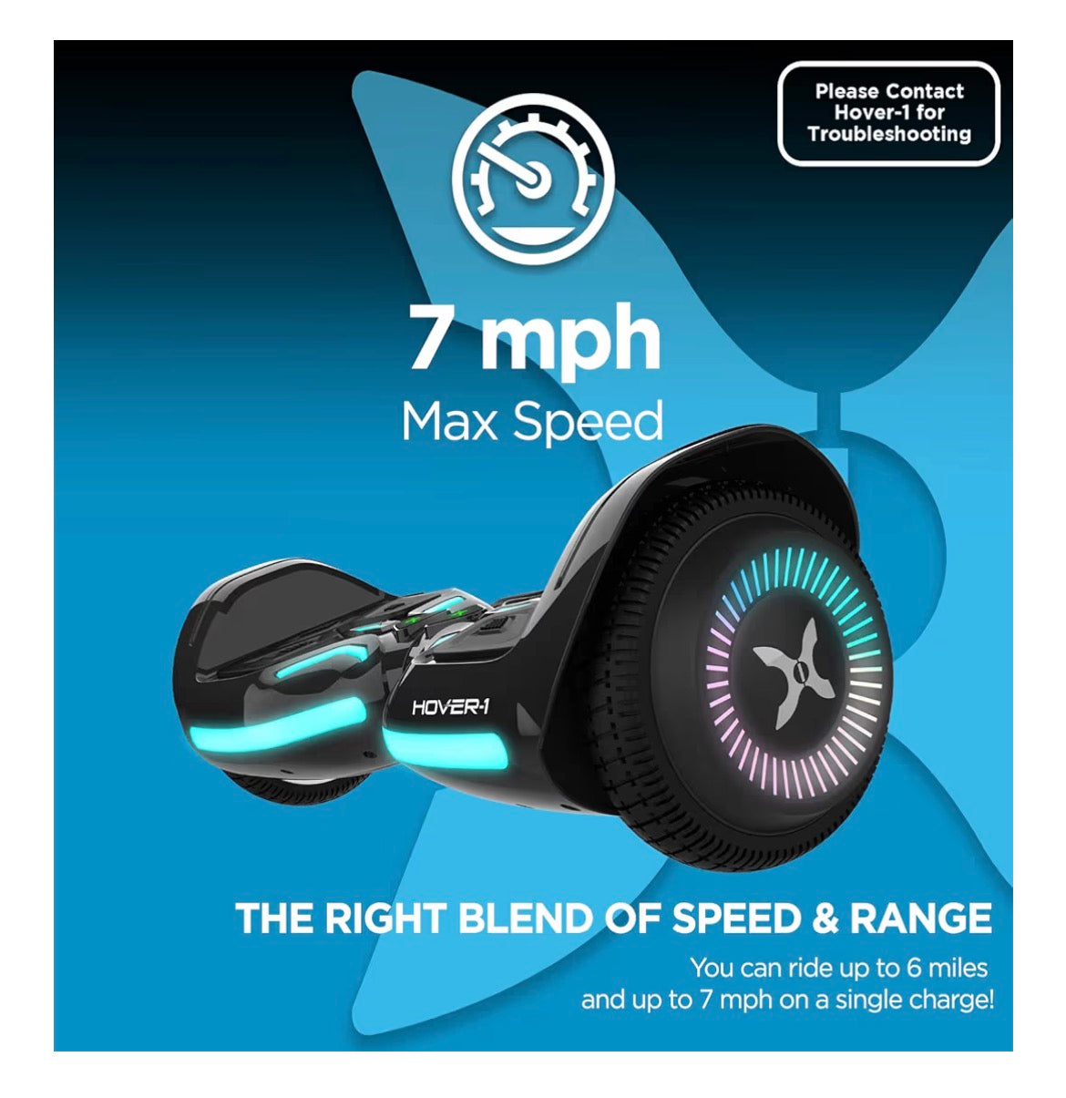 Hover-1 Superfly Electric Self Balancing Scooter with 7MPH Top Speed, 6 Mile Range, Long Lasting Li-Ion Battery - 5HR Full Charge, Built-In Bluetooth Speaker - Rider Modes: Beginner to Expert