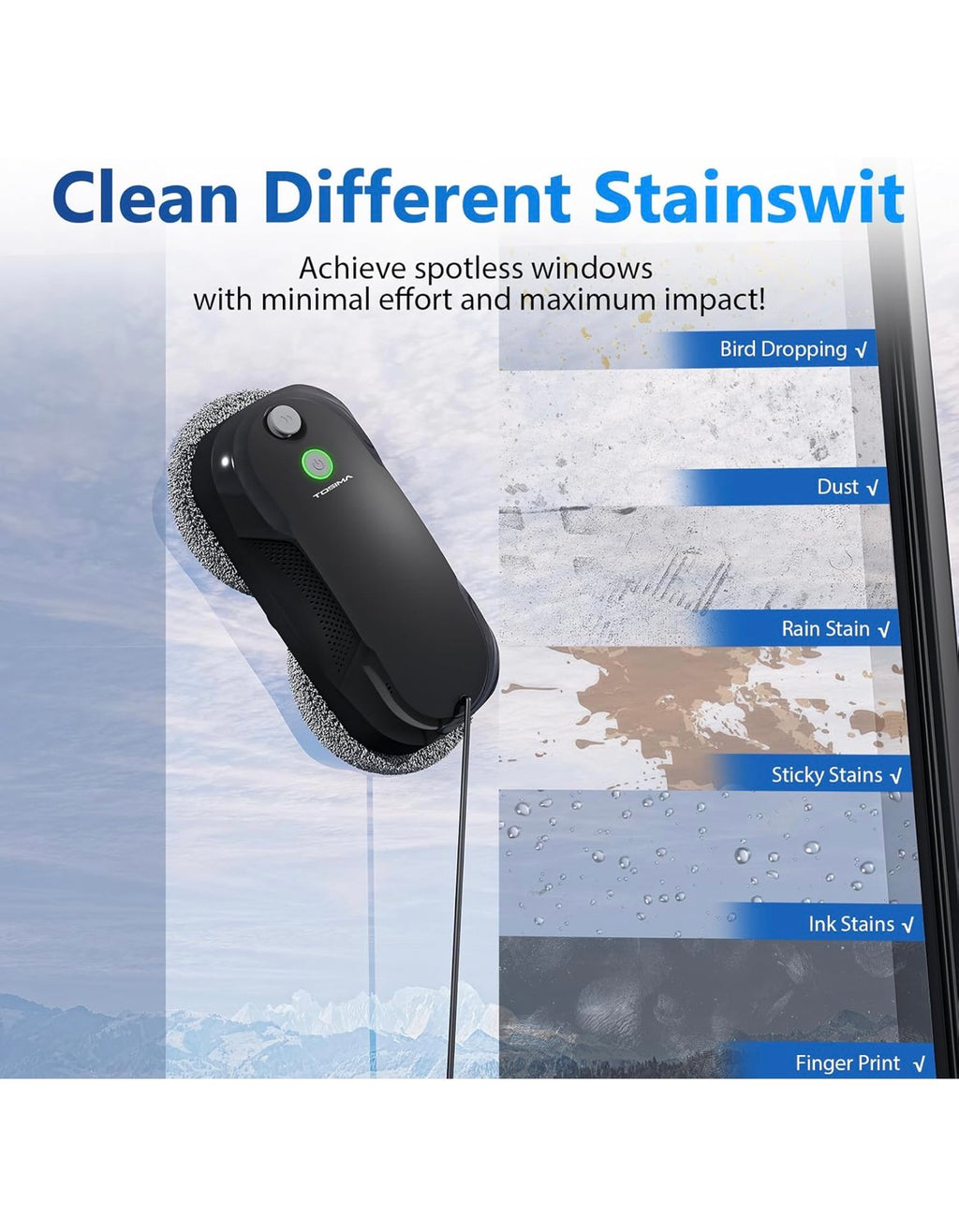 W5 Window Cleaning Robot, 6400Pa Max Adaptive Suction, Auto-Spray Smart Window Cleaner with Triple Safety System, Intelligent Navigation, Remote Control, for All Smooth Surfaces, Black