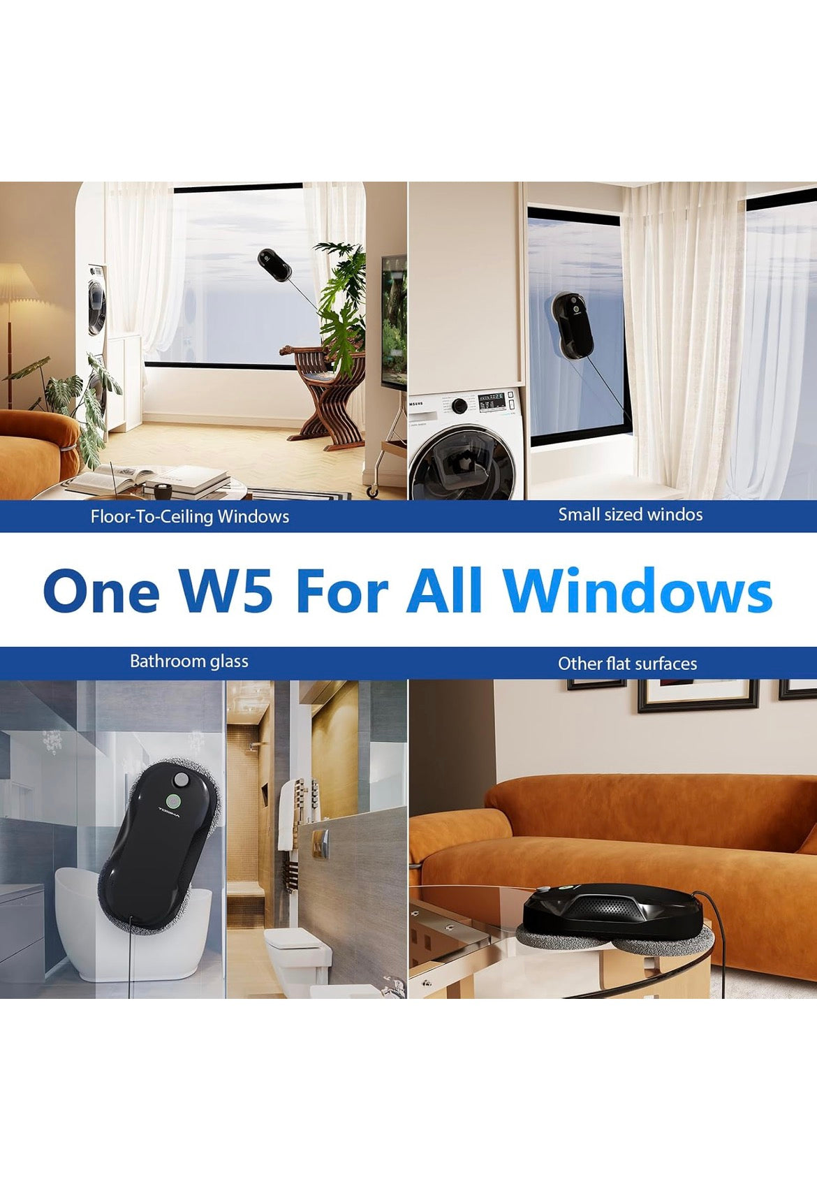 W5 Window Cleaning Robot, 6400Pa Max Adaptive Suction, Auto-Spray Smart Window Cleaner with Triple Safety System, Intelligent Navigation, Remote Control, for All Smooth Surfaces, Black
