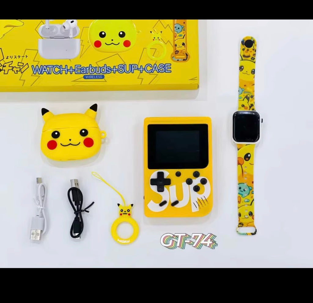 Pokémon Pikachu Themed 4 - in - 1 Gift Set: Game Console + Smart Watch + Wireless Earbuds + Earbud Case