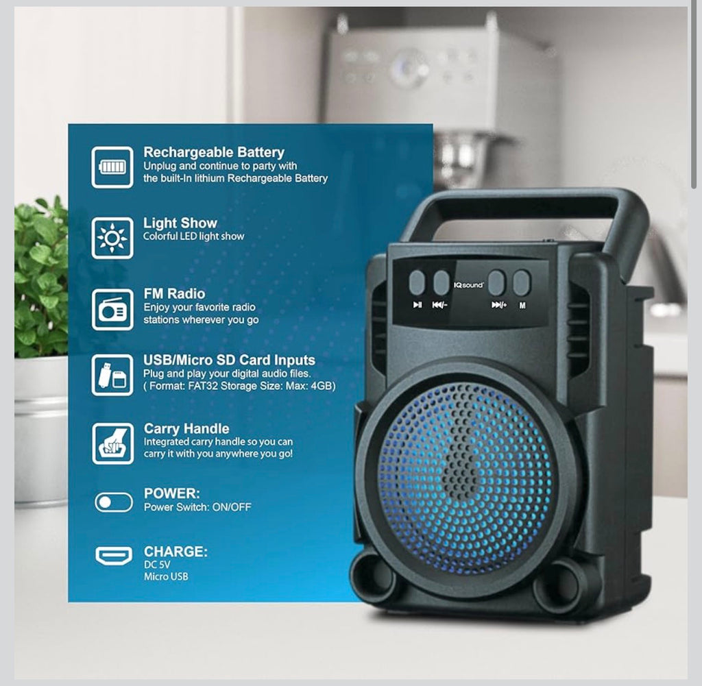 Supersonic IQ Sound IQ-1403BT Portable Bluetooth Speaker with True Wireless Stereo, Colorful LED Lights, USB/Micro SD Inputs, FM Radio, Integrated Carry Handle, 3W RMS Power, USB & Micro SD Inputs