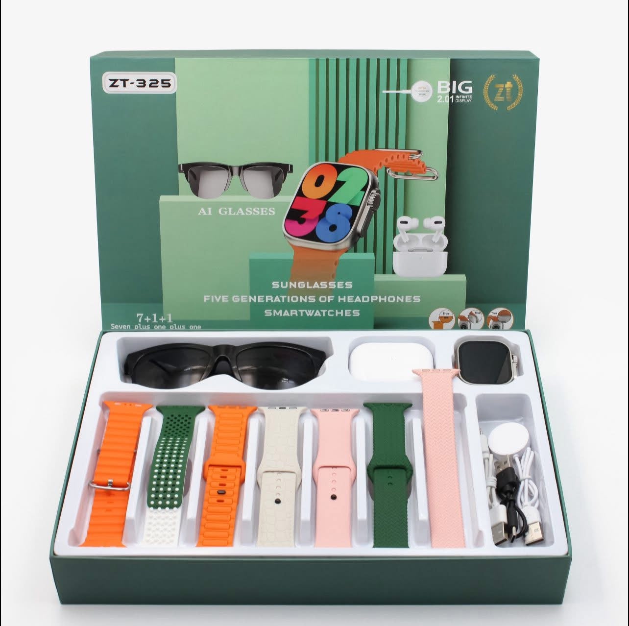 7-in-1 Smart Watch Gift Set – Smartwatch, AI Glasses, Earbuds & Multiple Bands (ZT-325)