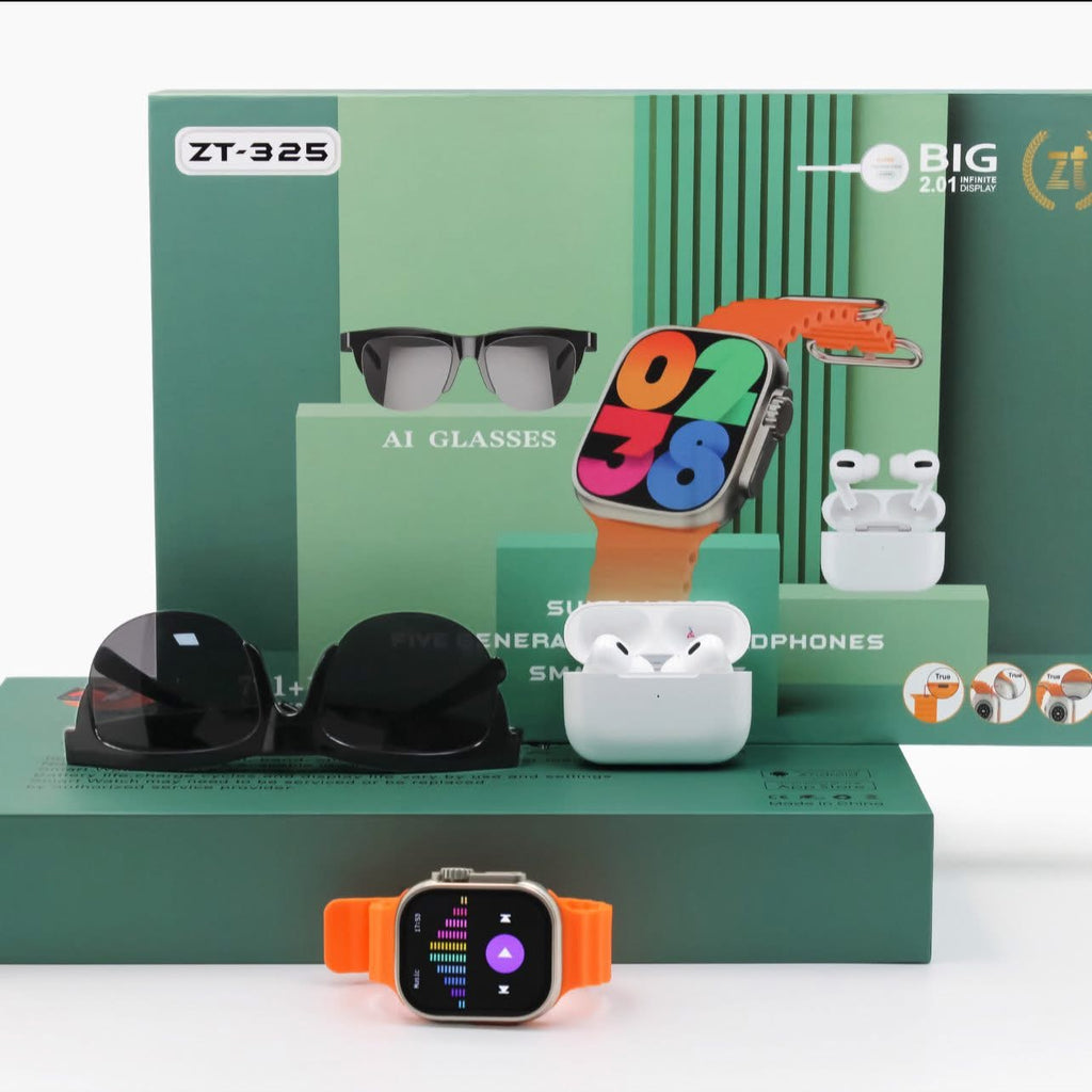 7-in-1 Smart Watch Gift Set – Smartwatch, AI Glasses, Earbuds & Multiple Bands (ZT-325)